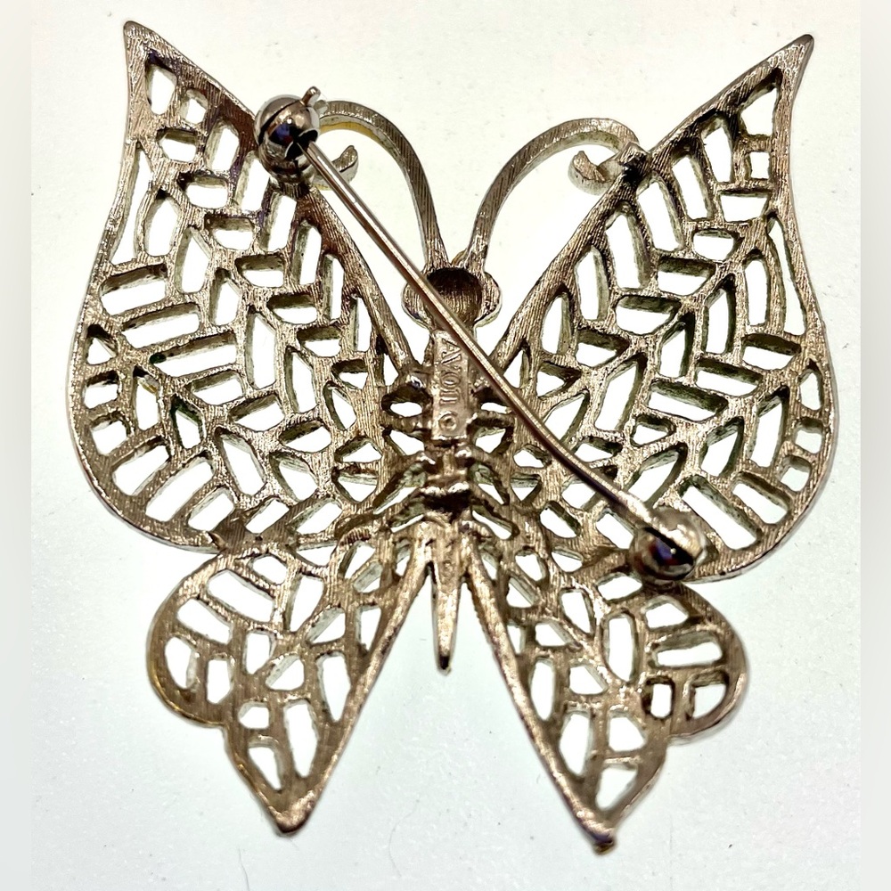 3 for $30 Vintage 1970s Avon Butterfly Brooch Gold Silver Tone Blue Crystal Eyes - Picture 6 of 7